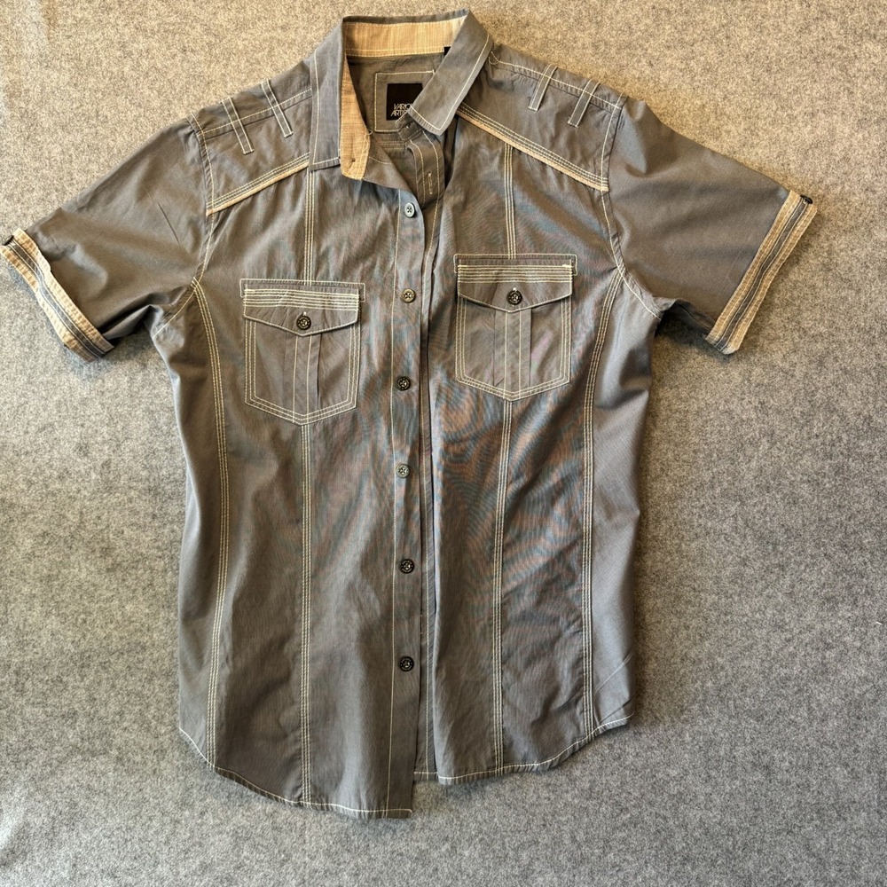 Various Artists Short Sleeve Button Down Shirt S Grey Contrast Stitching Cotton
